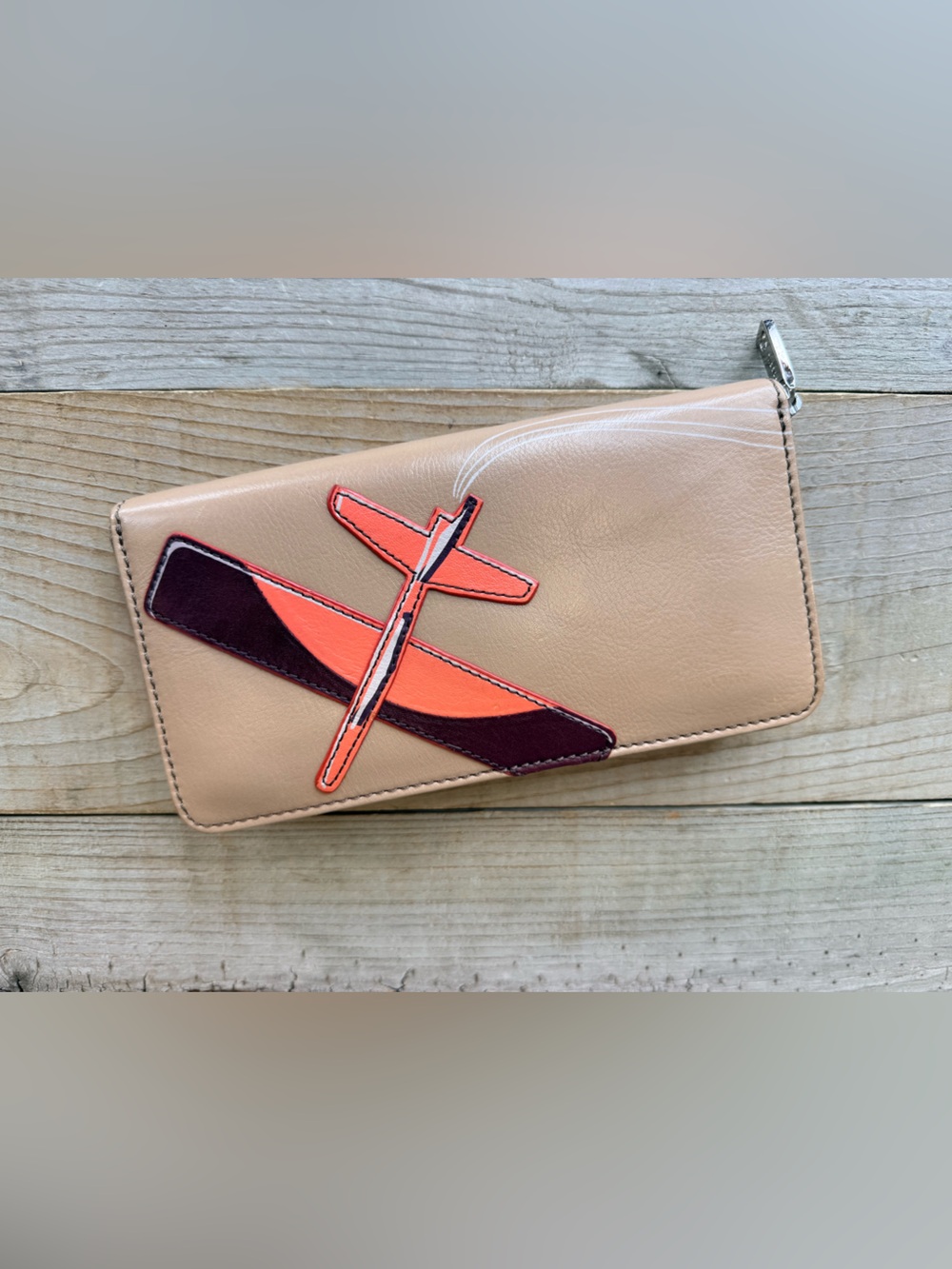 Fossil Beige Wallet with Orange and Dark Burgundy Airplane Applique
